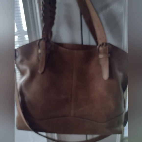 Frye Maddie Shopper Genuine Leather Handbag Tan Caramel Brass Braided Western - Picture 9 of 12
